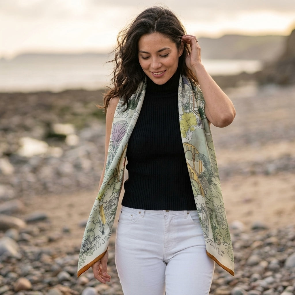 Haru silk-wool shawl worn over the shoulders, featuring a romantic illustrated botanical design in soft muted tones —  MonBebe Singapore