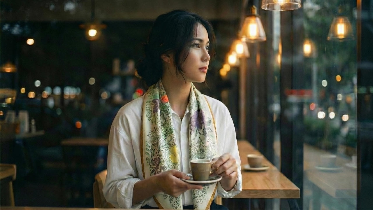 Woman wearing silk wool scarf in cafe - luxury botanical print shawl styling inspiration
