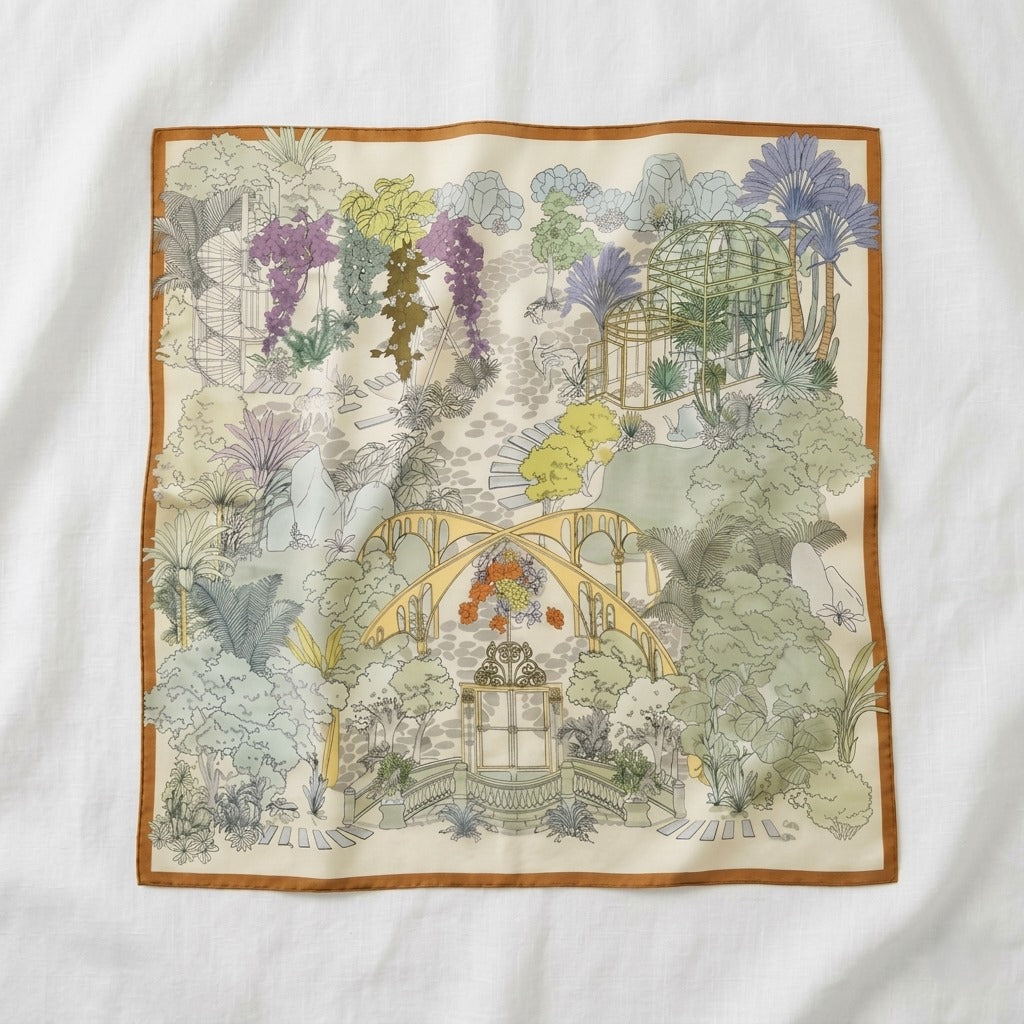 Haru silk-wool blanket shawl, romantic botanical illustration in soft muted tones laid flat showing full design and dimensions —  MonBebe Singapore