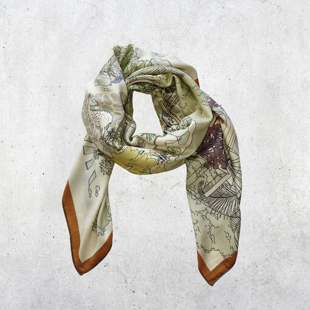 Haru silk-wool blanket shawl styled in a soft front knot, showing muted botanical illustration and versatile wear —  MonBebe Singapore
