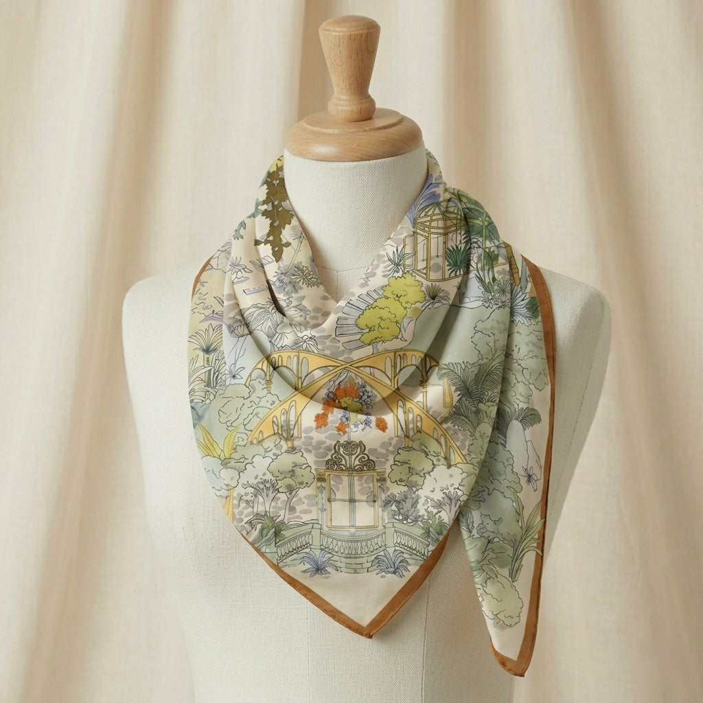 Haru silk-wool blanket shawl draped on mannequin showing muted botanical illustration and natural silhouette —  MonBebe Singapore