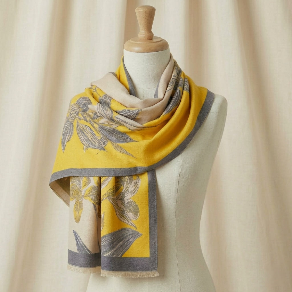 Kii premium wool wrap shawl draped on mannequin showing warm yellow and natural silhouette —  MonBebe Singapore