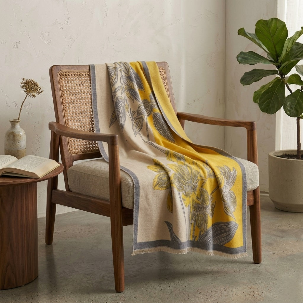Kii premium wool wrap shawl with warm yellow draped over chair, styled as a home accessory —  MonBebe Singapore