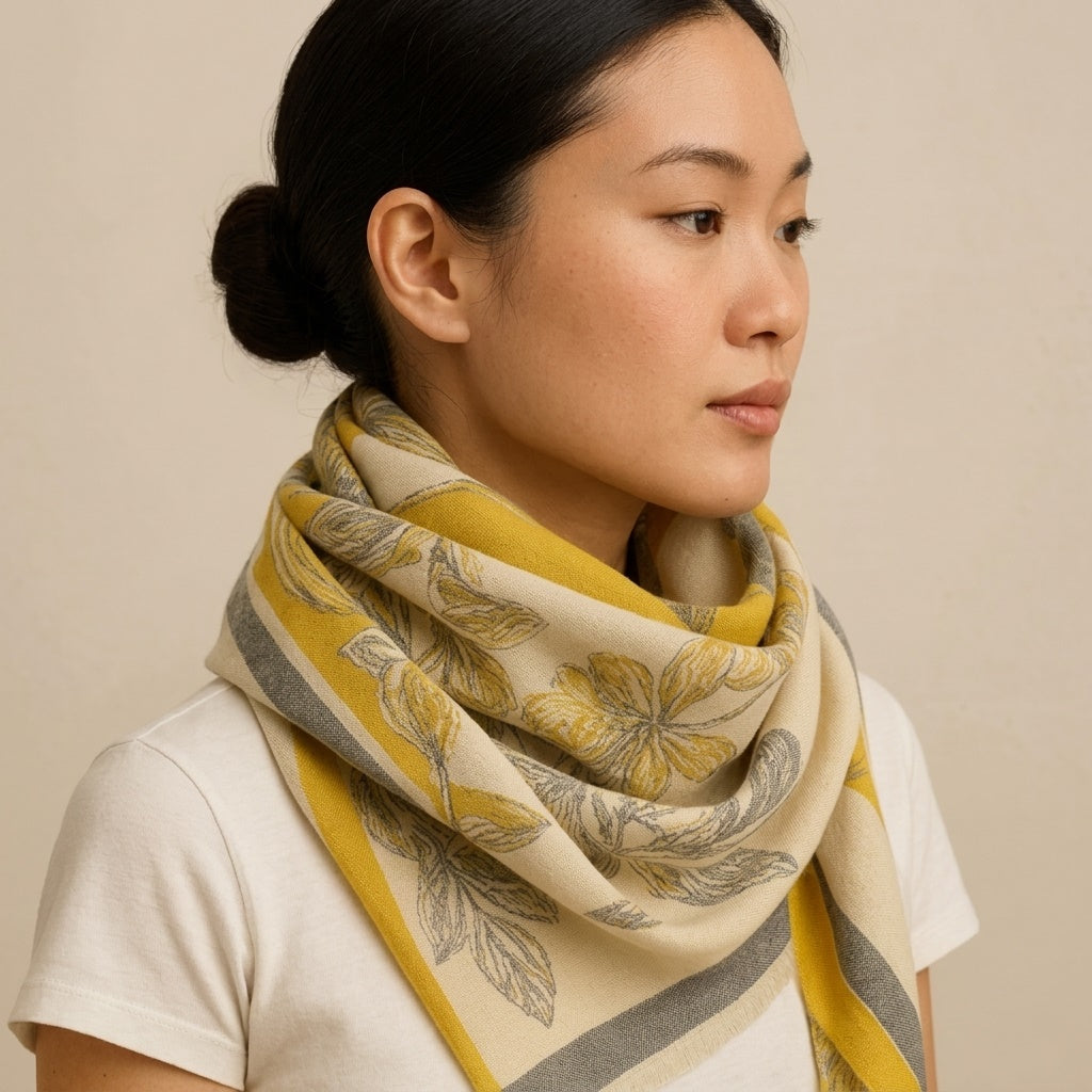 Kii yellow wool shawl worn over the shoulders, premium wool, long winter wrap —  MonBebe Singapore