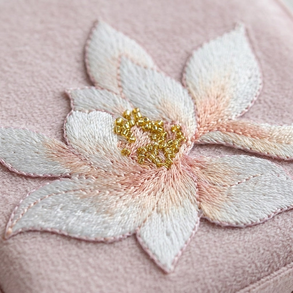 Close-up of lotus embroidery on Lianne travel jewellery case exterior —  MonBebe Singapore