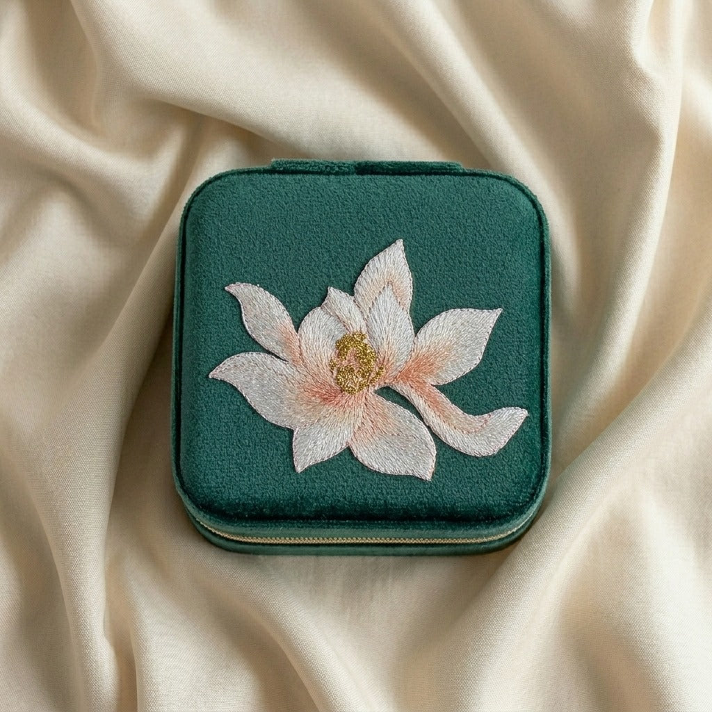 Lianne embroidered travel jewellery case flat lay Italian flannelette exterior with lotus motif —  MonBebe Singapore