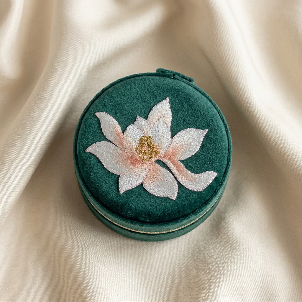 Lianne embroidered travel jewellery case flat lay Italian flannelette exterior with lotus motif —  MonBebe Singapore