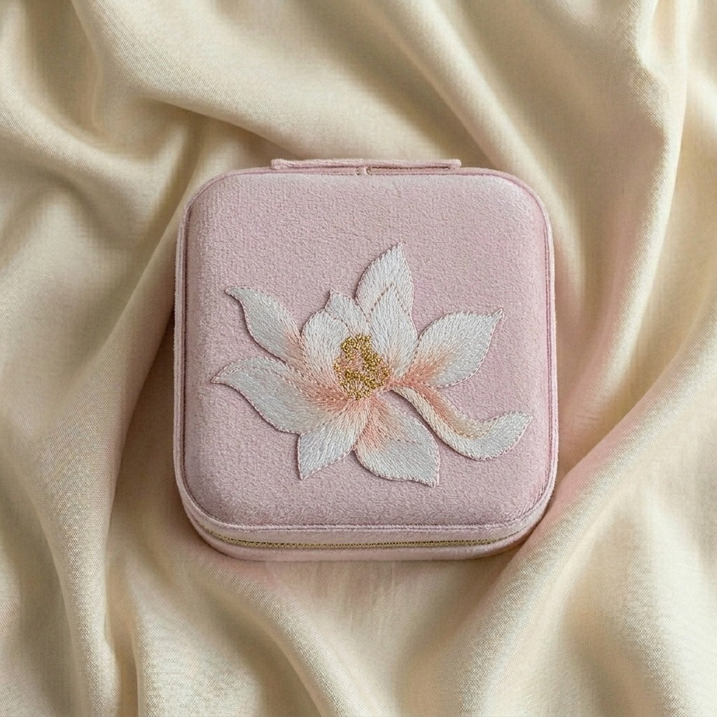 Lianne embroidered travel jewellery case flat lay Italian flannelette exterior with lotus motif —  MonBebe Singapore