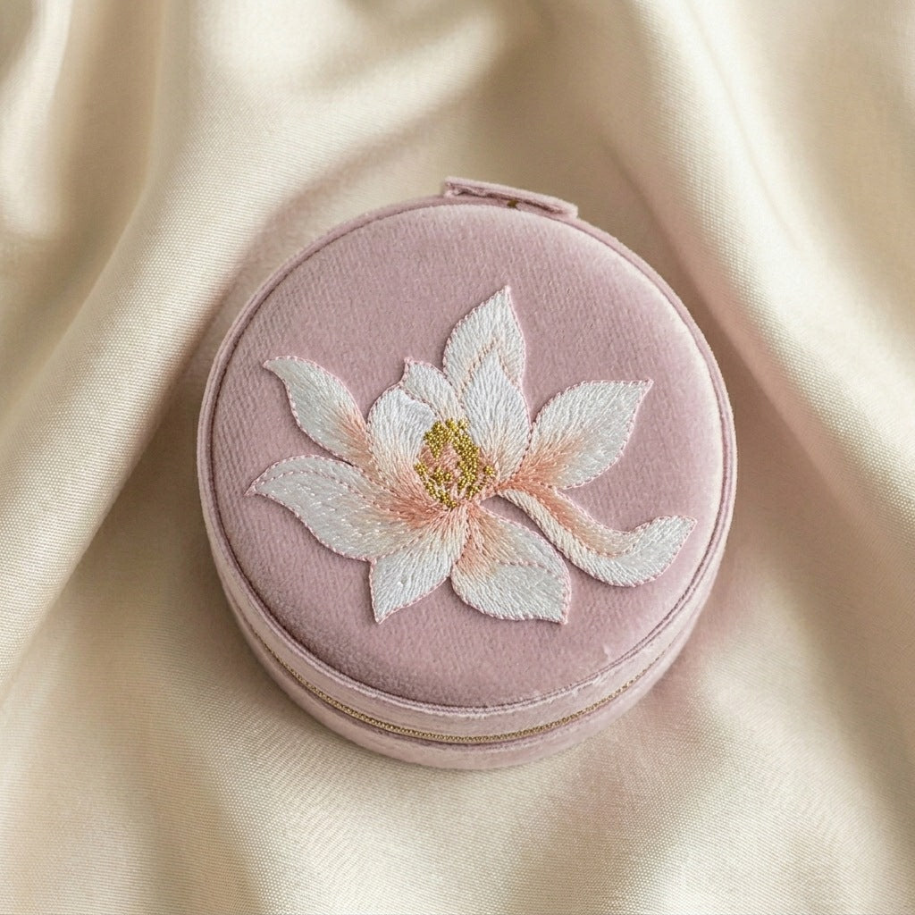 Lianne embroidered travel jewellery case flat lay Italian flannelette exterior with lotus motif —  MonBebe Singapore