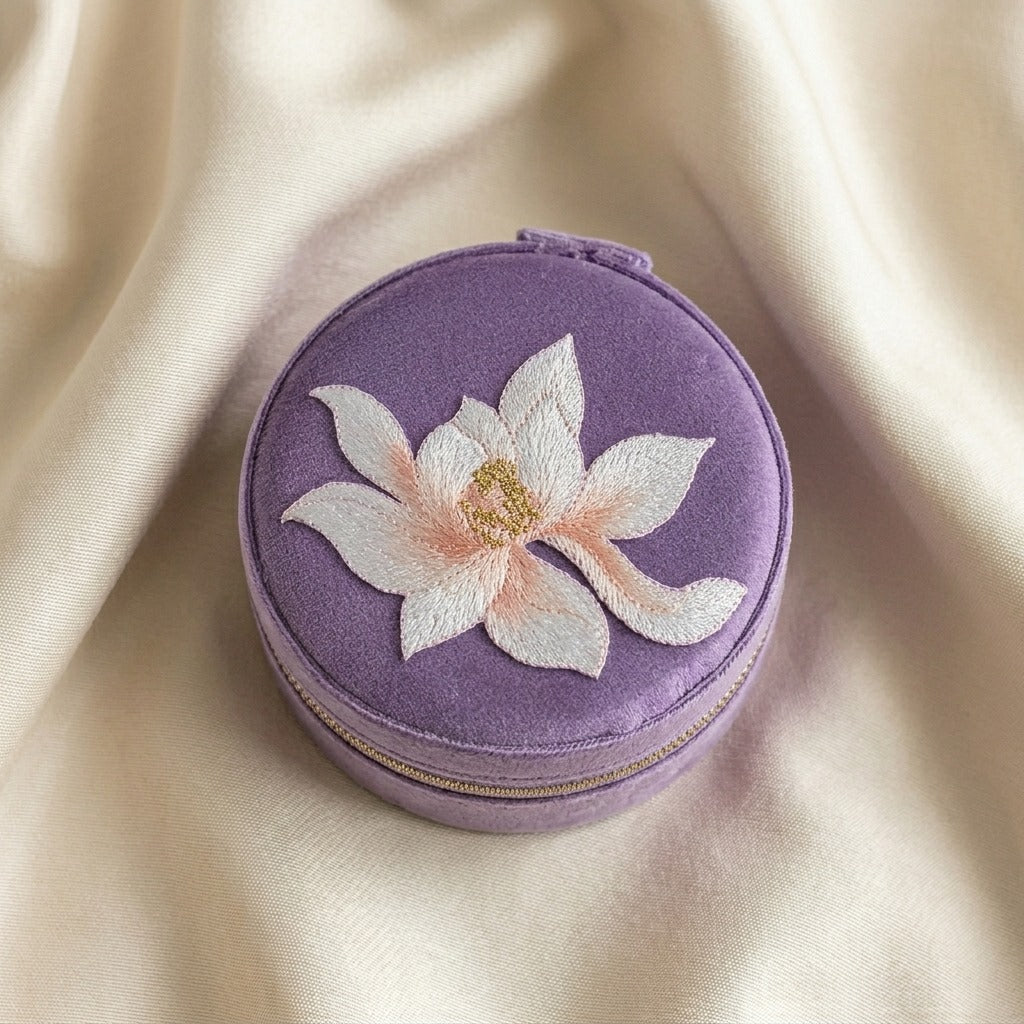 Lianne embroidered travel jewellery case flat lay Italian flannelette exterior with lotus motif —  MonBebe Singapore