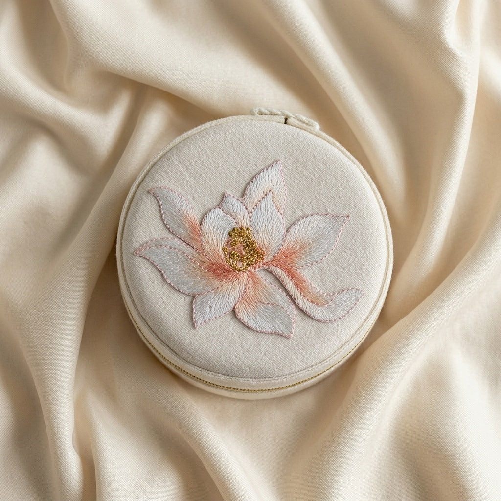 Lianne embroidered travel jewellery case flat lay Italian flannelette exterior with lotus motif —  MonBebe Singapore