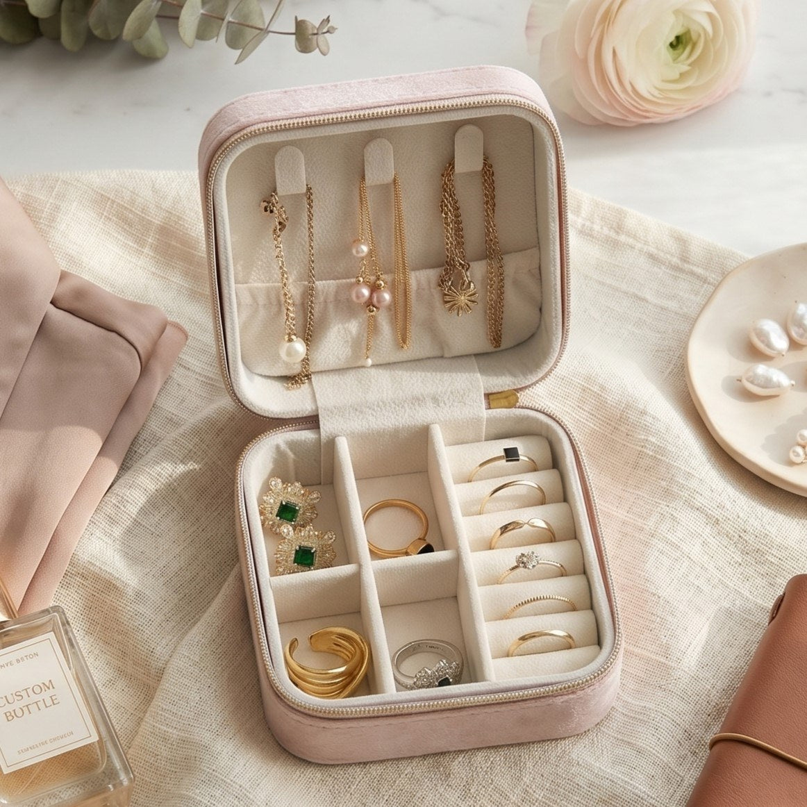 Lianne embroidered travel jewellery case open on dressing table with jewellery arranged inside —  MonBebe Singapore