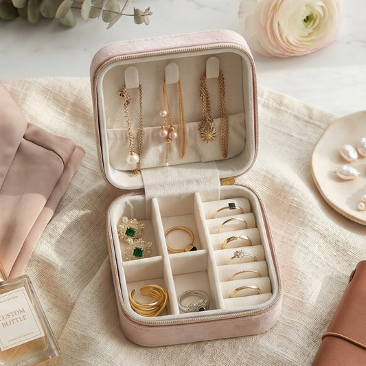 Lianne embroidered travel jewellery case open on dressing table with jewellery arranged inside —  MonBebe Singapore