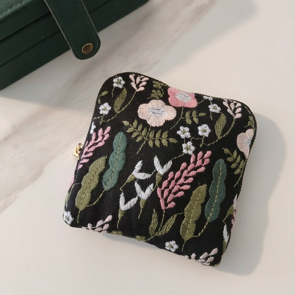 Briar embroidered pouch, wildflower meadow embroidery on black cotton-linen, MonBebe Singapore
