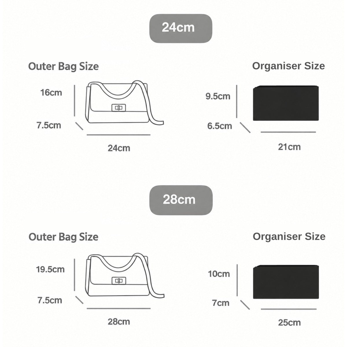 Bag organiser for Chanel 2.55 shown in 24cm and 28cm sizes, MonBebe Singapore