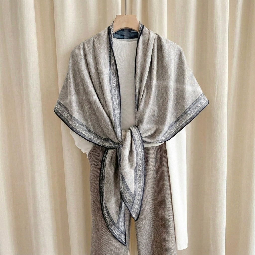 Demi reversible triangular scarf, grey-beige paisley reverse side, MonBebe Singapore