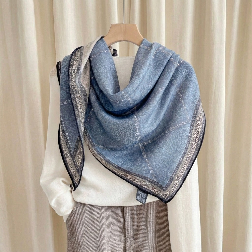 Demi reversible triangular scarf, slate blue paisley side, MonBebe Singapore