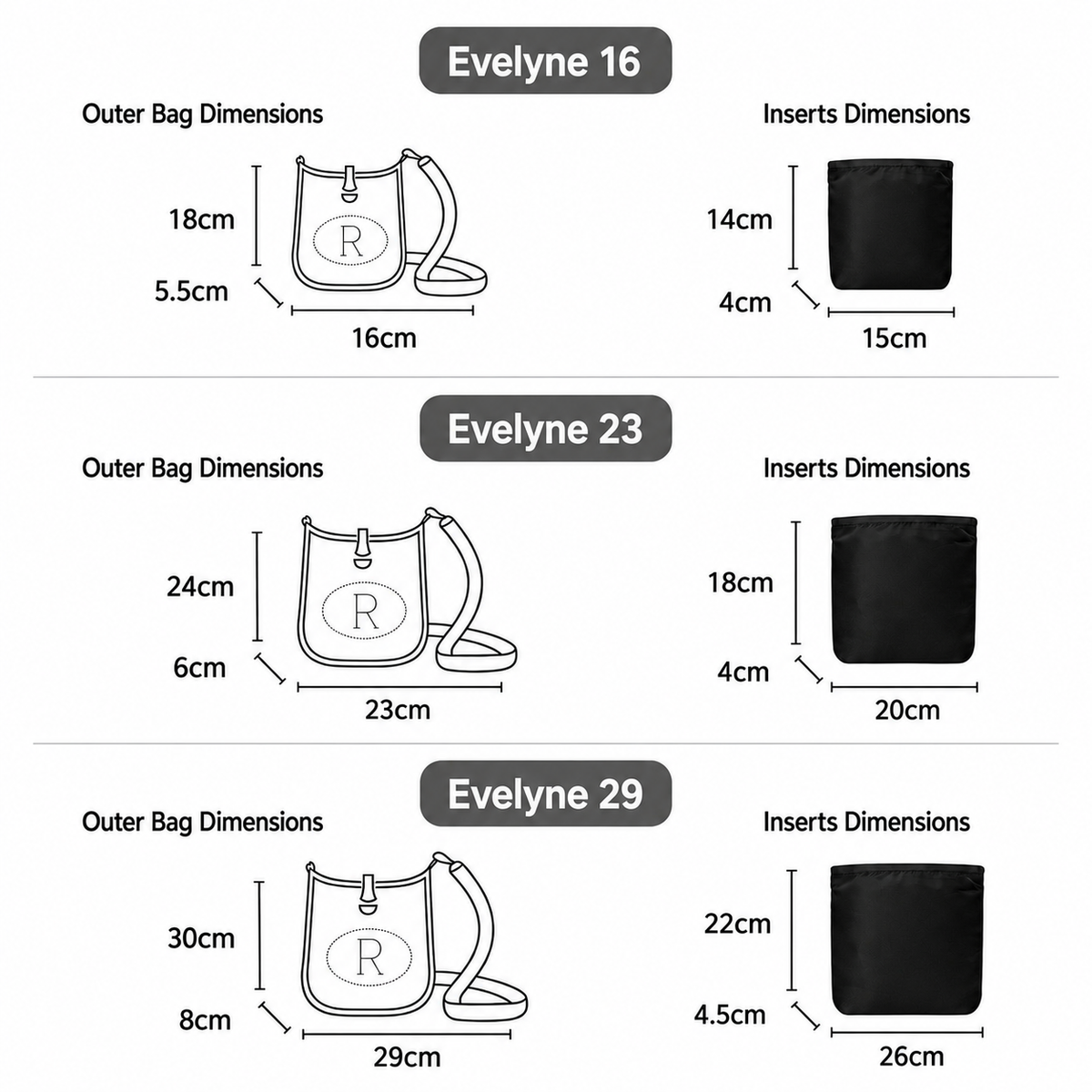 Bag Organiser for Hermes Evelyne size comparison across Evelyne 16, Evelyne 23 and Evelyne 29 MonBebe Singapore