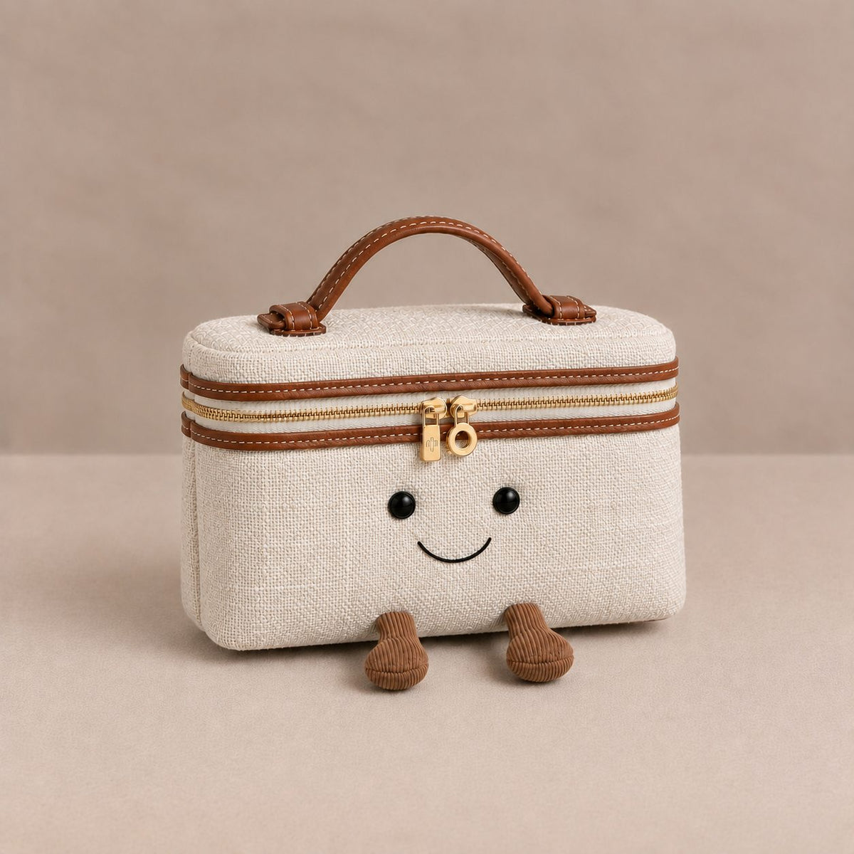 Laura Smiley crossbody bag in beige fabric material with gold zipper, tan leather handle, and corduroy feet