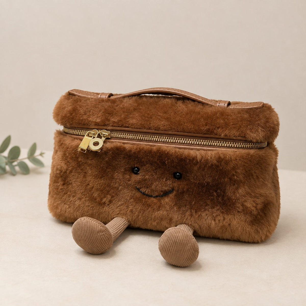 Brown furry Laura Smiley crossbody bag with gold zipper, tan leather handle, and corduroy feet