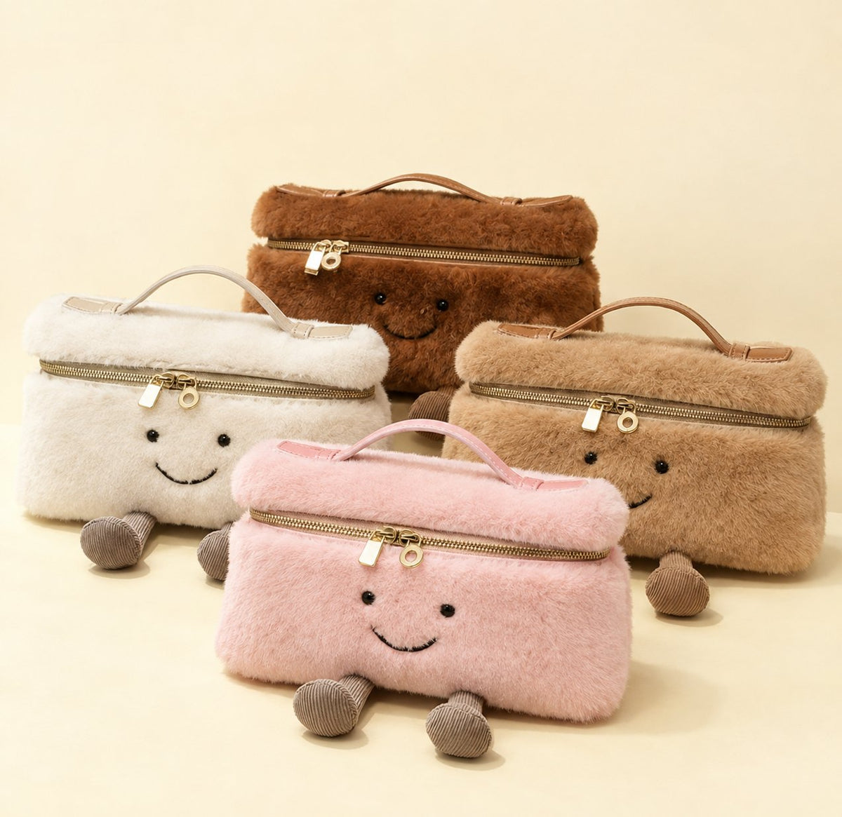Laura Smiley crossbody bag in four colourways: cream, pink, camel, and brown furry