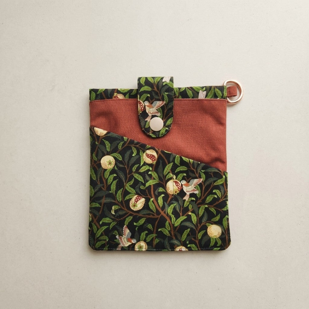 Linnet book pouch, botanical bird print with rust panel, MonBebe Singapore