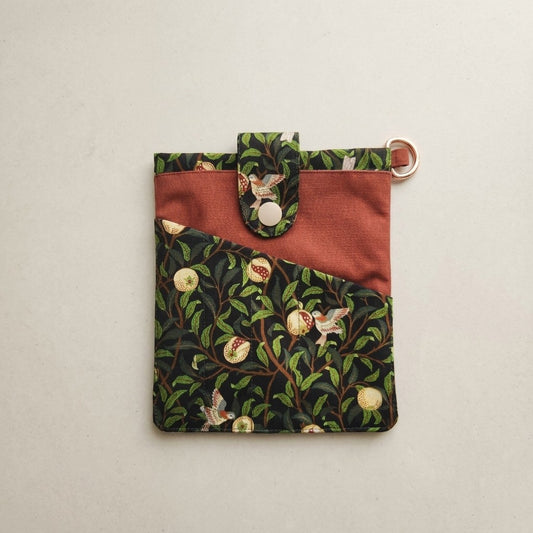 Linnet book pouch, botanical bird print with rust panel, MonBebe Singapore