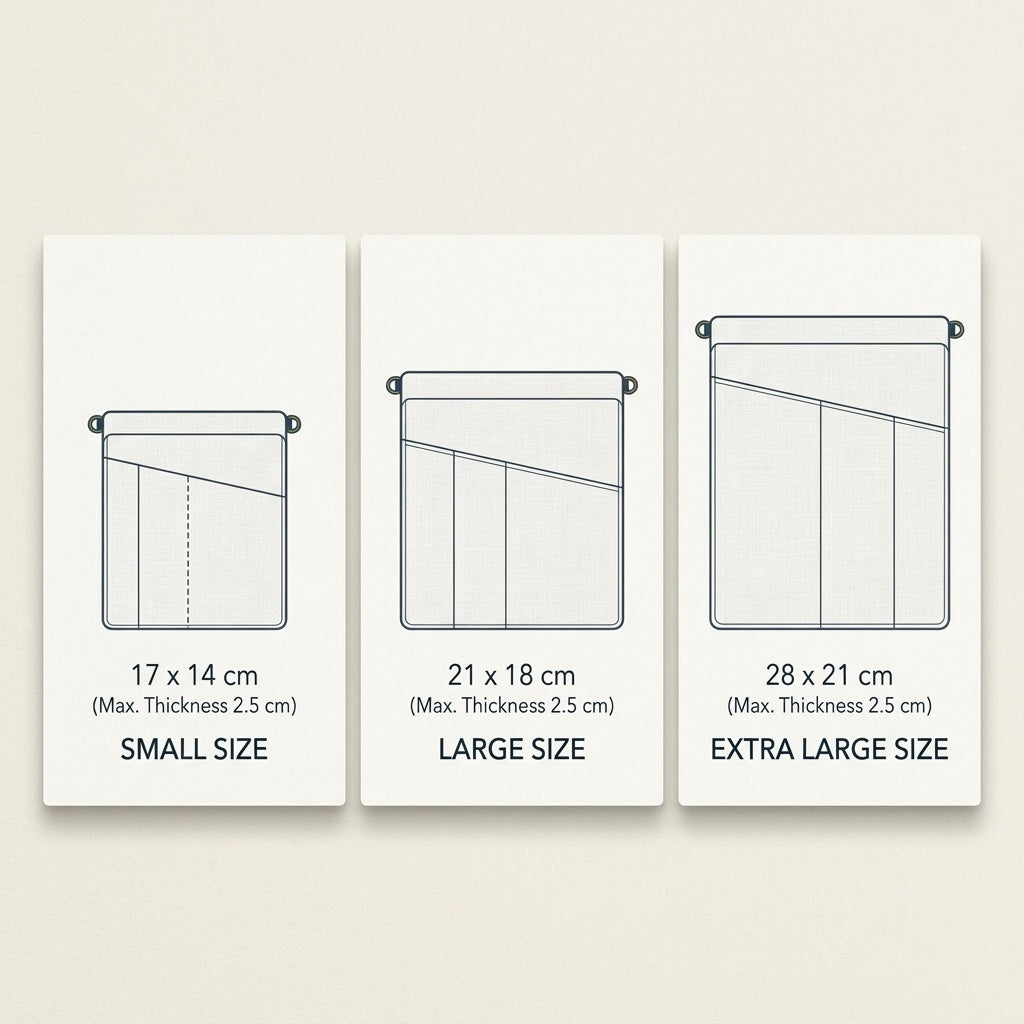 All three Linnet book pouch sizes shown side by side, small, large, and extra large, MonBebe Singapore