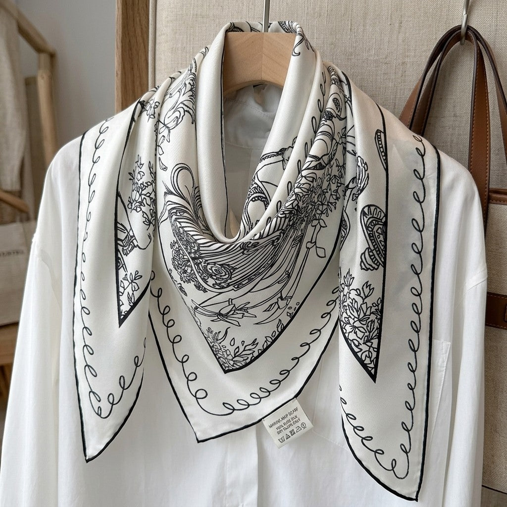 Triangular silk scarf draped on a hanger over a shirt, hand-rolled hem visible, MonBebe Singapore