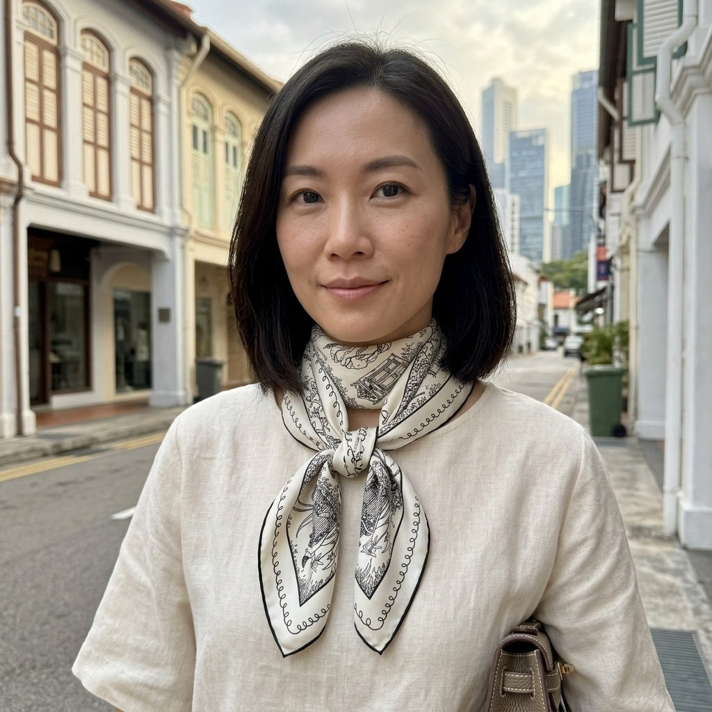 Woman wearing silk scarf knotted at the neck, Paris sketch print, MonBebe Singapore