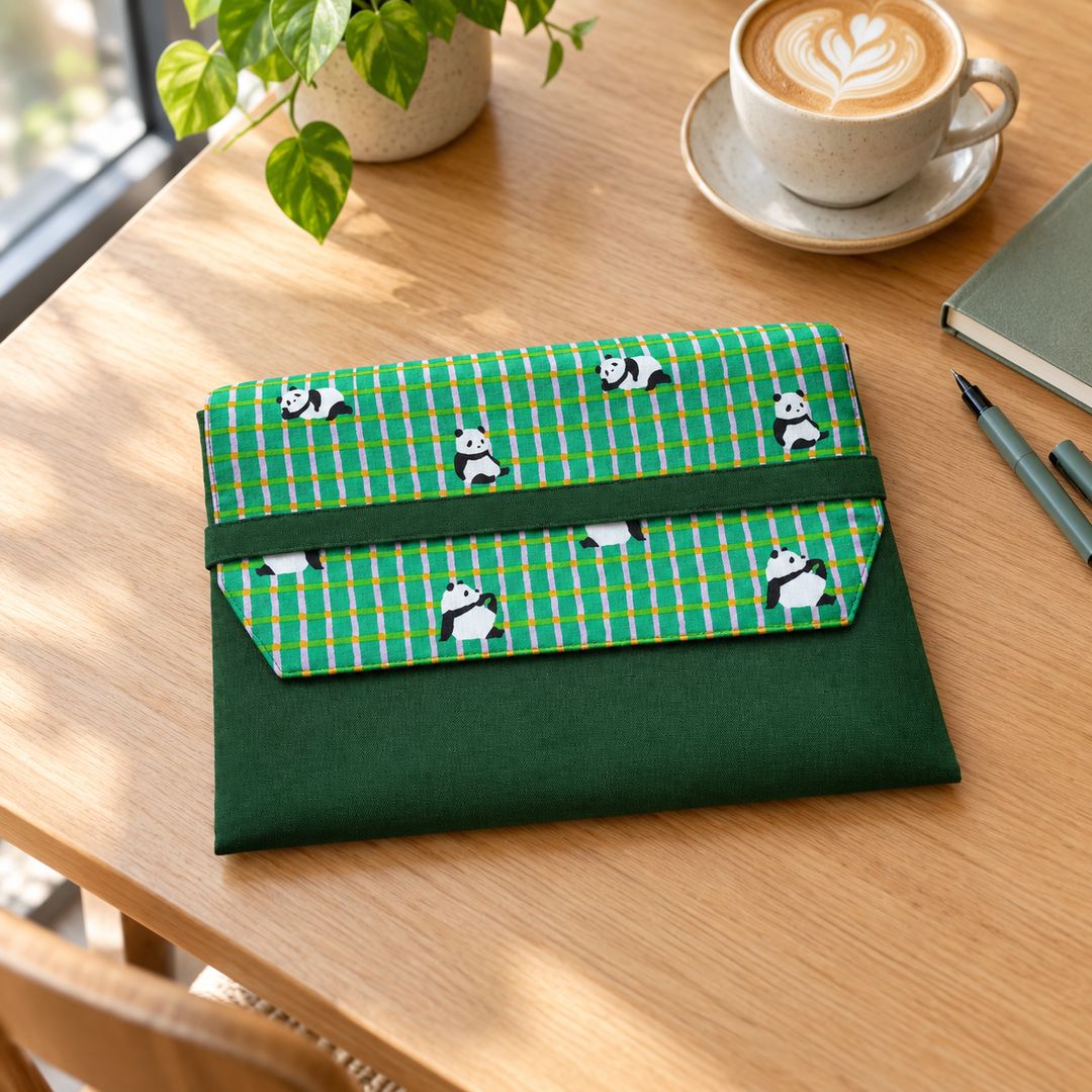 Panda Pals laptop sleeve flat lay in forest green canvas, MonBebe Singapore