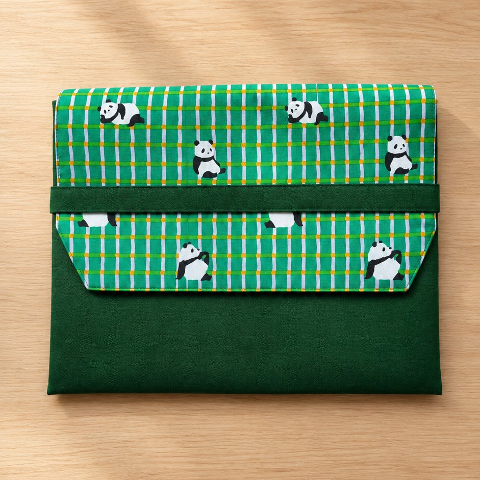 Panda Pals laptop sleeve folded shut with elastic flap closure, MonBebe Singapore