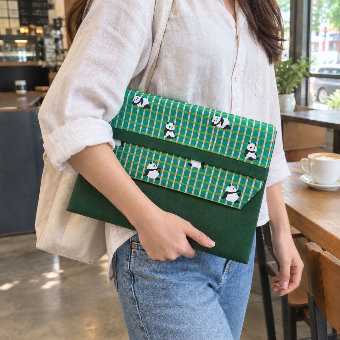 Woman carrying Panda Pals laptop sleeve with laptop inside, MonBebe Singapore