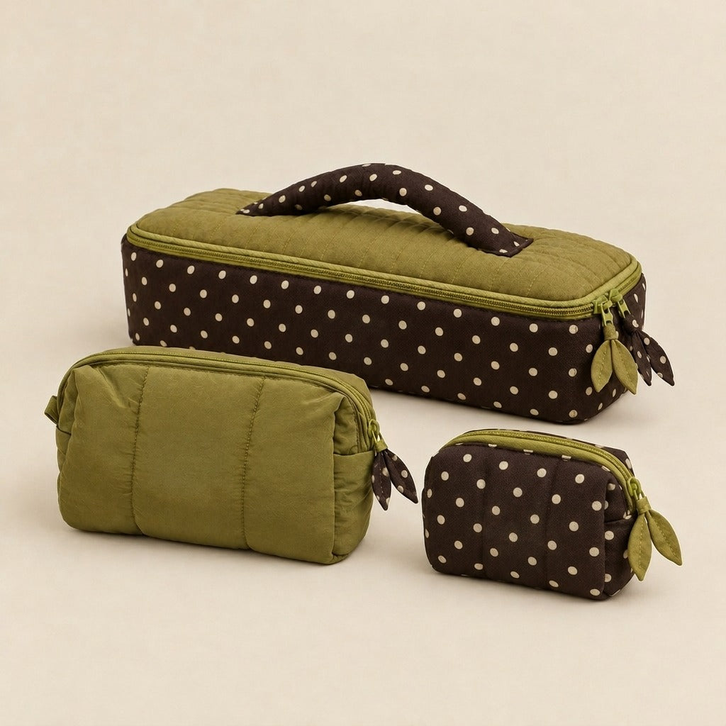 Poppy quilted travel case Bundle A, Large, Medium and Small in olive polka-dot, MonBebe Singapore
