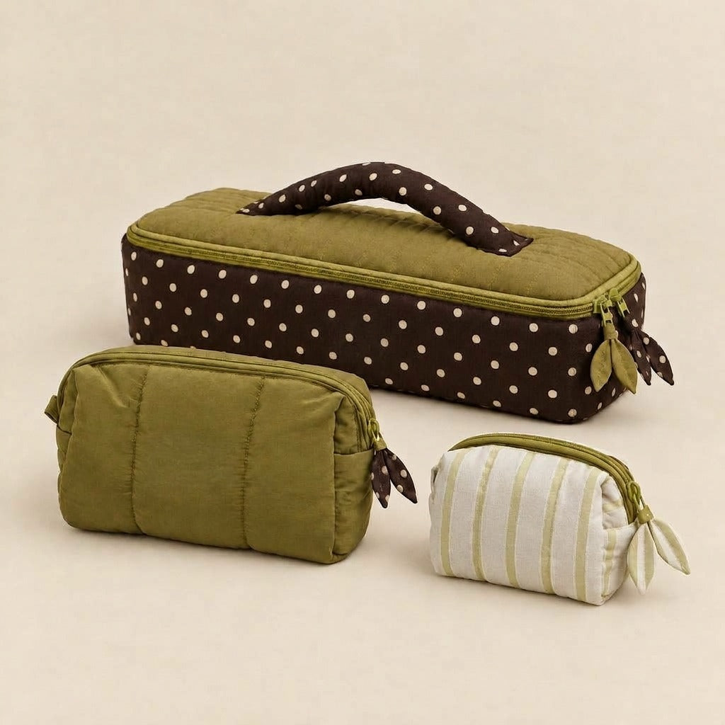 Poppy quilted travel case Bundle B, Large and Medium with Small pouch in pale olive stripe design, MonBebe Singapore