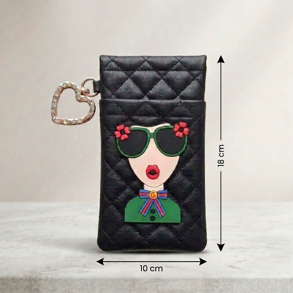 Black glasses case size comparison showing 18cm length and 10cm width