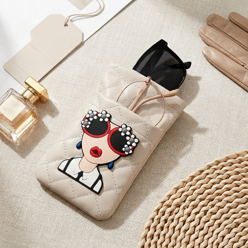 Cream glasses case with illustrated face patch styled with sunglasses and perfume, MonBebe Singapore