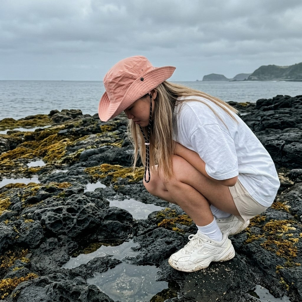 Woman wearing packable UPF50+ wide brim sun hat outdoors, MonBebe Singapore