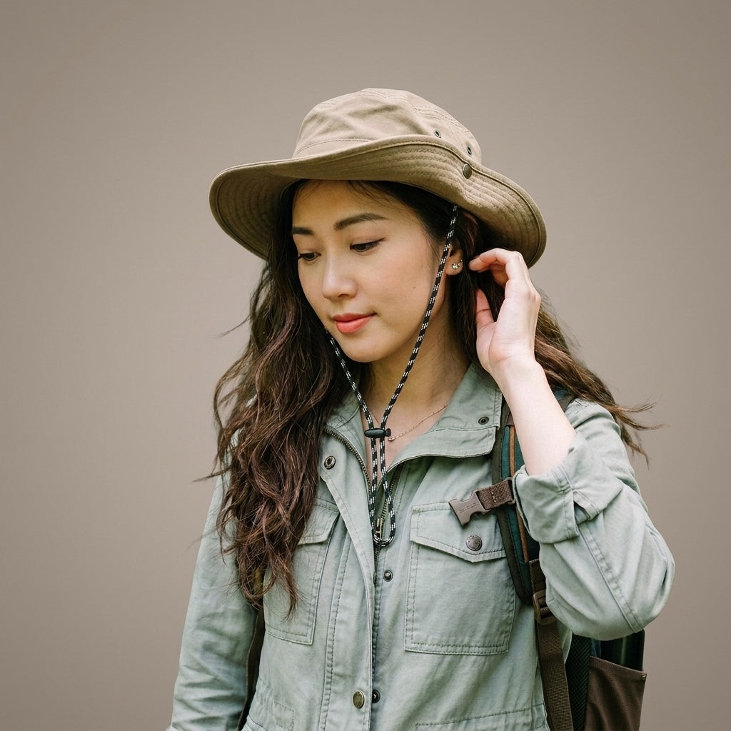 Woman wearing packable UPF50+ wide brim sun hat outdoors, MonBebe Singapore