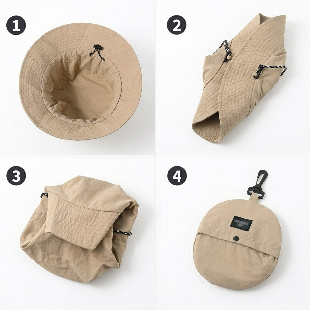 Packable sun hat folded into its matching pouch with clip, MonBebe Singapore