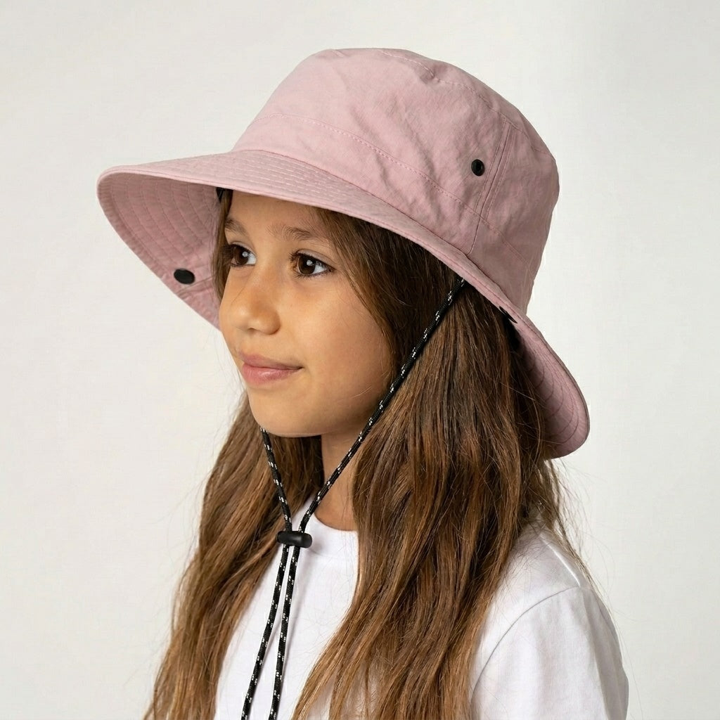Child wearing packable UPF50+ sun hat with chin strap, MonBebe Singapore