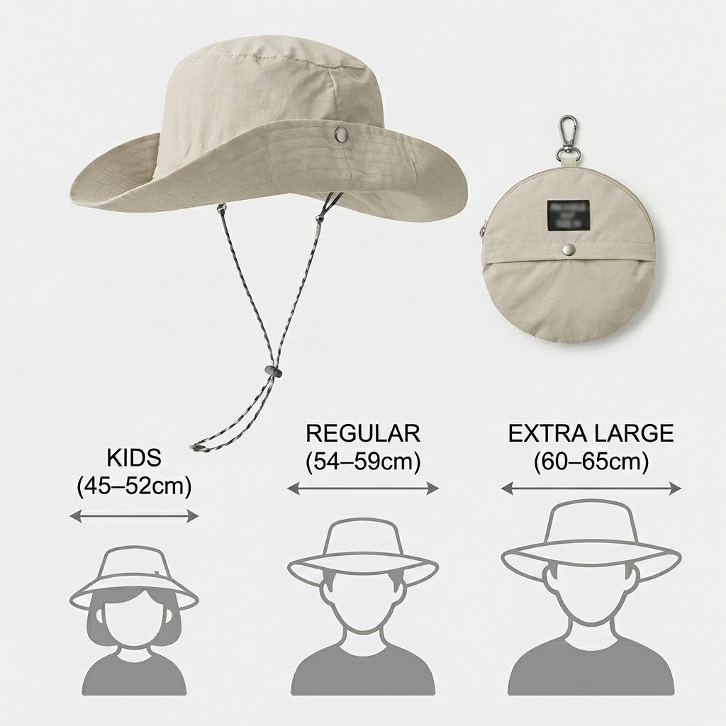 Size comparison of packable sun hat, regular versus extra large fit, MonBebe Singapore
