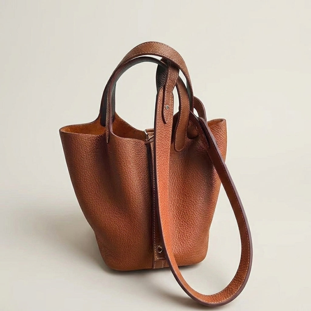 Wren pebbled leather strap attached to a Picotin bag in Golden Brown – MonBebe