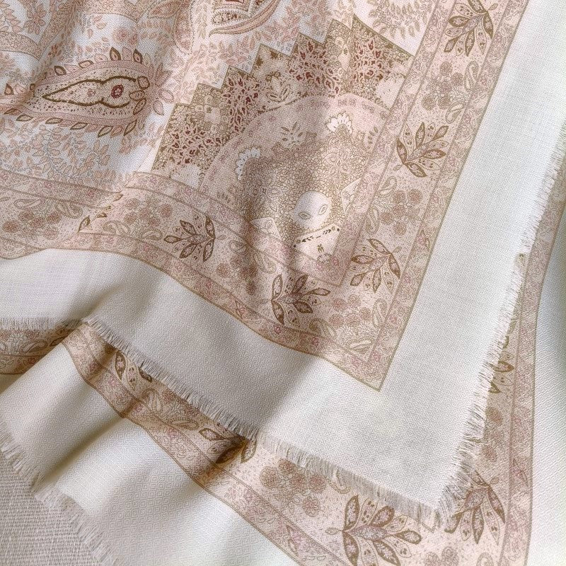 Close-up Sera silk-wool paisley scarf showing double-sided print and fringe edge — MonBebe Singapore