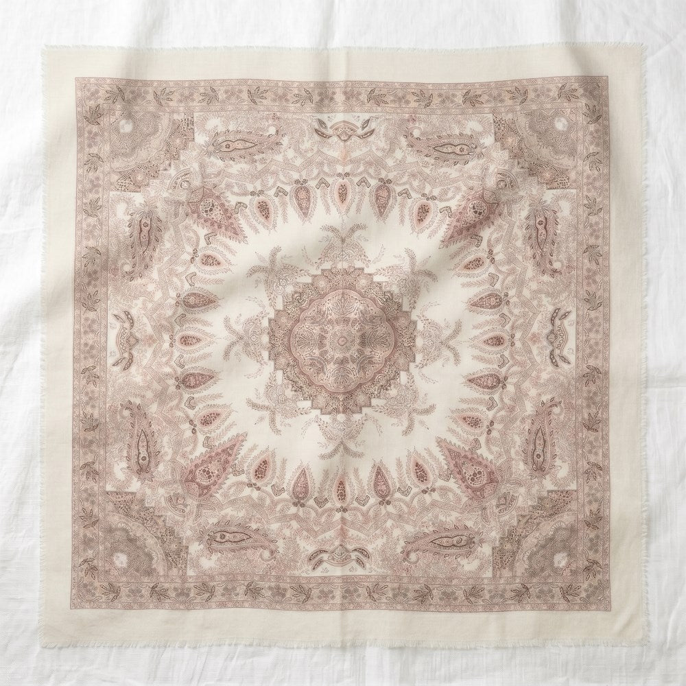Sera silk-wool scarf with scattered paisley print — flat lay, dusty blush, MonBebe Singapore