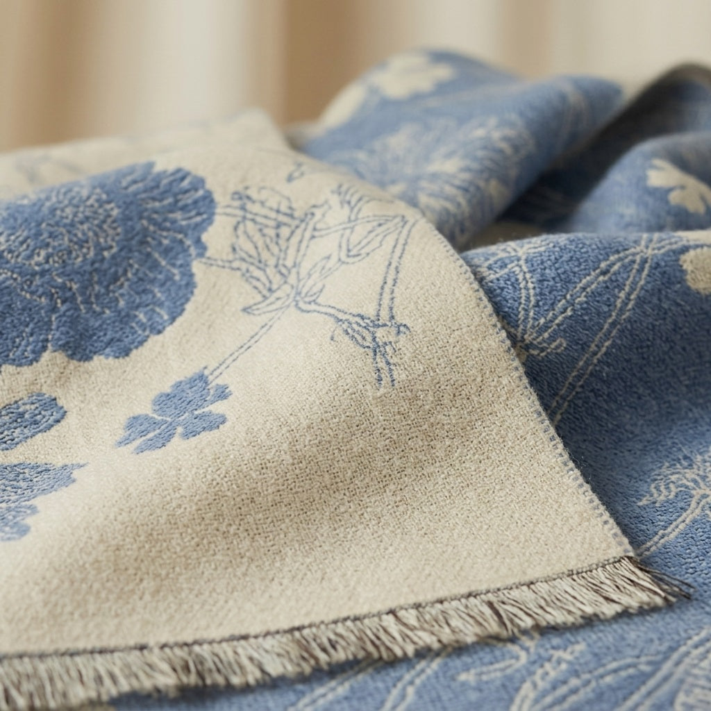 Close-up of Sora premium wool shawl showing ivory blue botanical detail and fabric texture detail