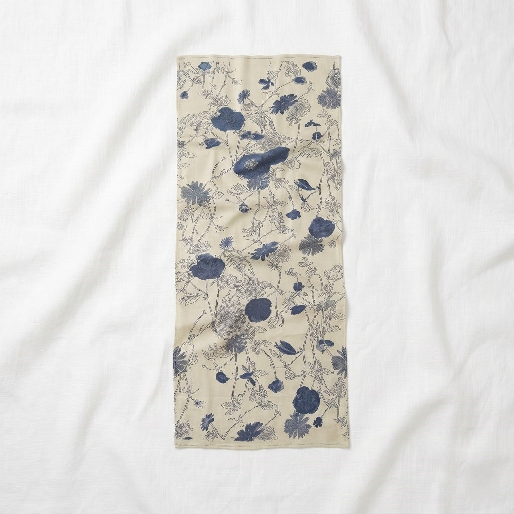 Sora premium wool shawl, ivory with muted blue botanical detailing laid flat showing full design and dimensions