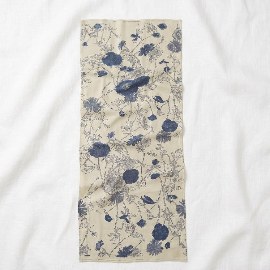 Sora premium wool shawl, ivory with muted blue botanical detailing laid flat showing full design and dimensions