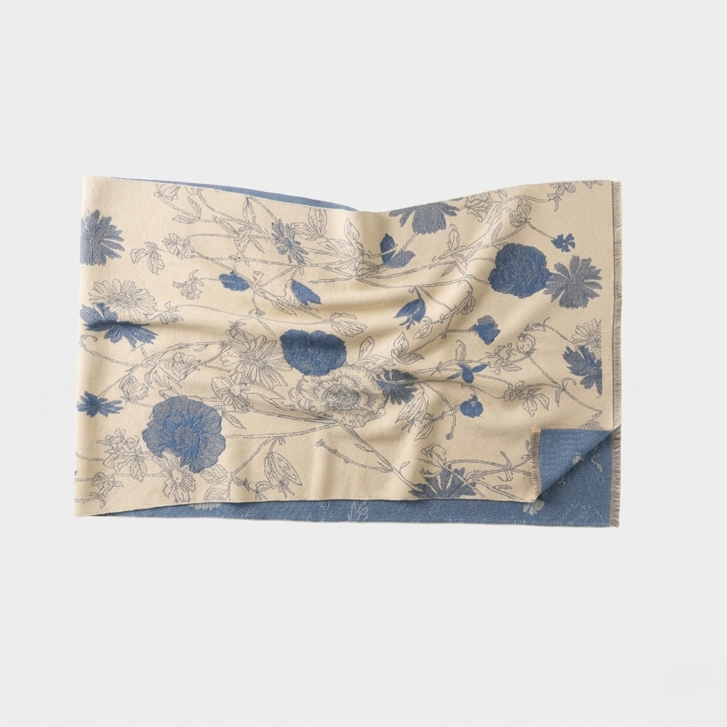 Sora premium wool shawl, ivory with muted blue botanical detailing laid flat showing full design and dimensions