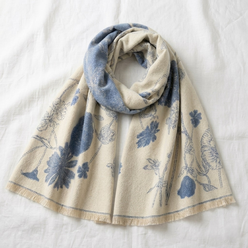 Sora premium wool shawl styled in a soft front knot, showing ivory blue botanical detail and versatile wear